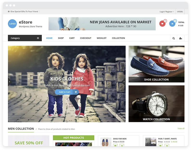 Un exemple du thème WordPress eStore WooCommerce