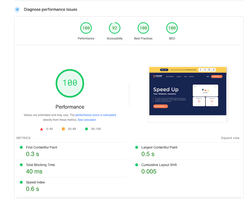 Exemple de score de performance avec KPI - Source : PageSpeed Insights