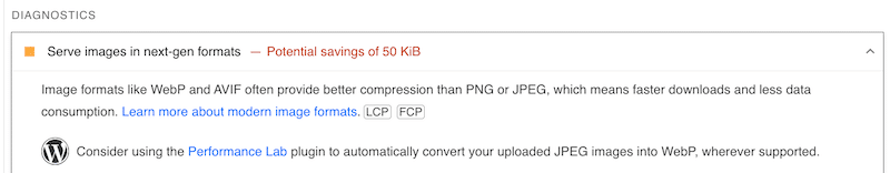 Diffusez des images dans des formats de nouvelle génération à partir de PageSpeed - Source : PageSpeed Insights