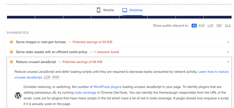 Exemple d'audit de performance - Source : PageSpeed Insights