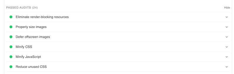 Section audits réussis après optimisation - Source : PageSpeed Insights
