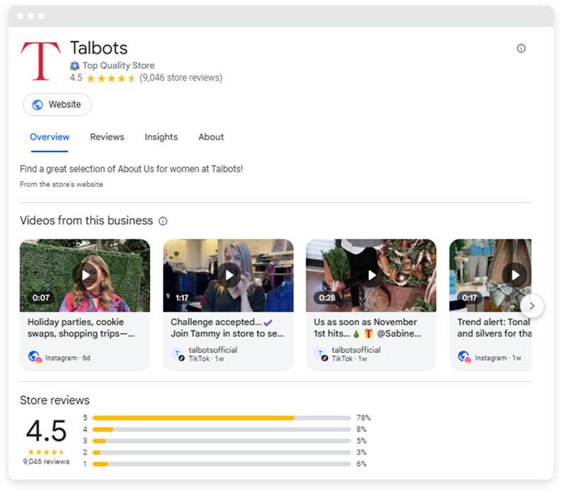 Avaliações do Google sobre uma loja Talbots.