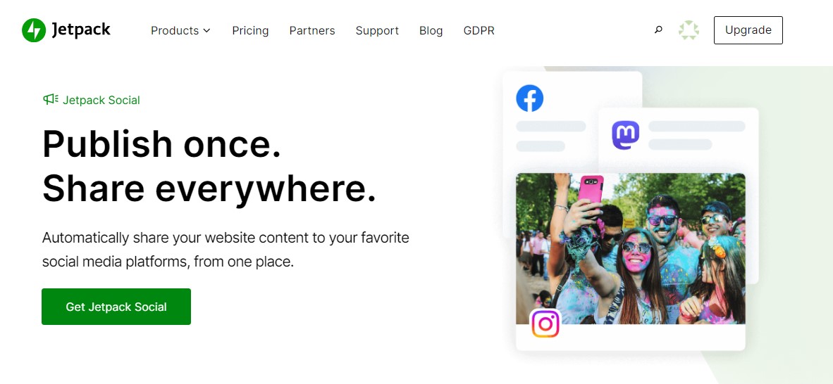 タイトル、段落、グラフィック、および「Get Jetpack Social」の行動喚起を含む JetPack Social ホームページ。