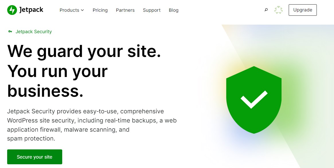 タイトル、段落、グラフィック、および「サイトを保護する」という行動喚起を含む JetPack Security ホームページ。