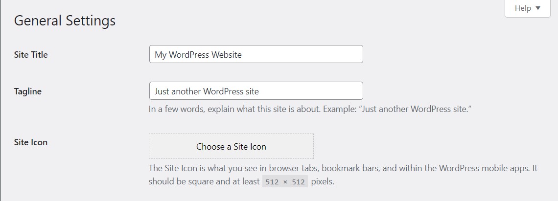 WordPress ダッシュボード (バックエンド管理パネル) サイトのタイトルやキャッチフレーズなどの一般的な設定を表示する設定画面。
