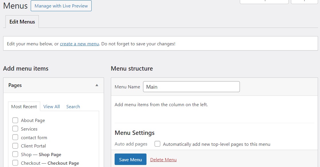 バックエンド ダッシュボードの WordPress メニュー画面。ページ選択とメニュー名が「メイン」に設定されています。