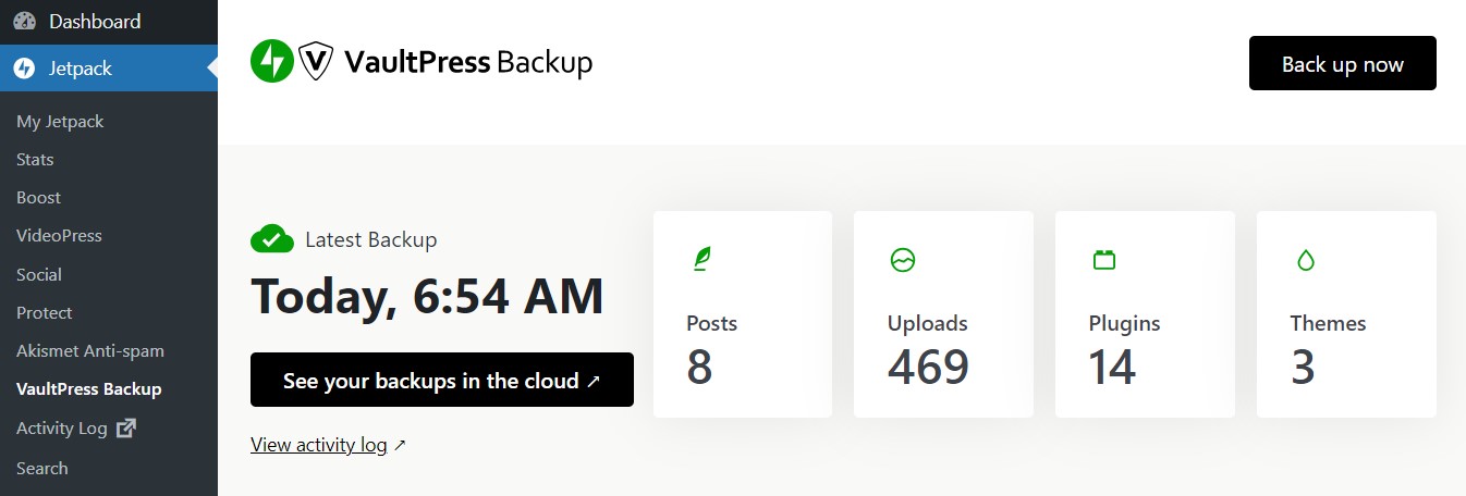 WordPress ダッシュボードに表示される Jetpack Vaultpress Backup。