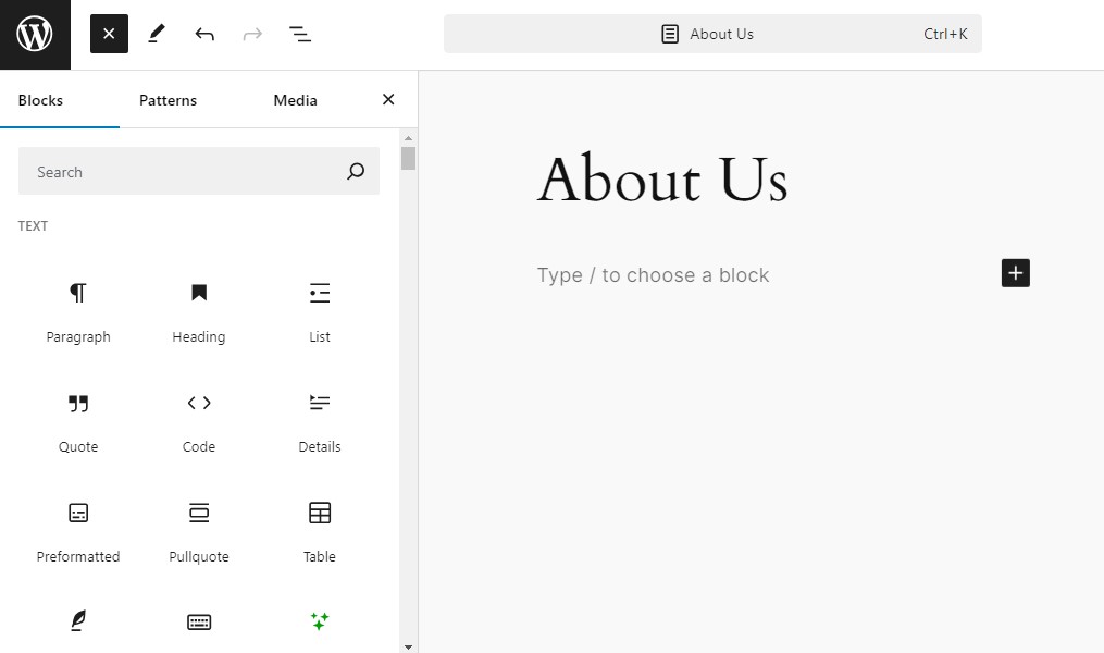 「会社概要」のタイトル、投稿本文、ブロック オプションを備えた WordPress Web サイトの新しいページ用の Gutenberg ページ エディター。