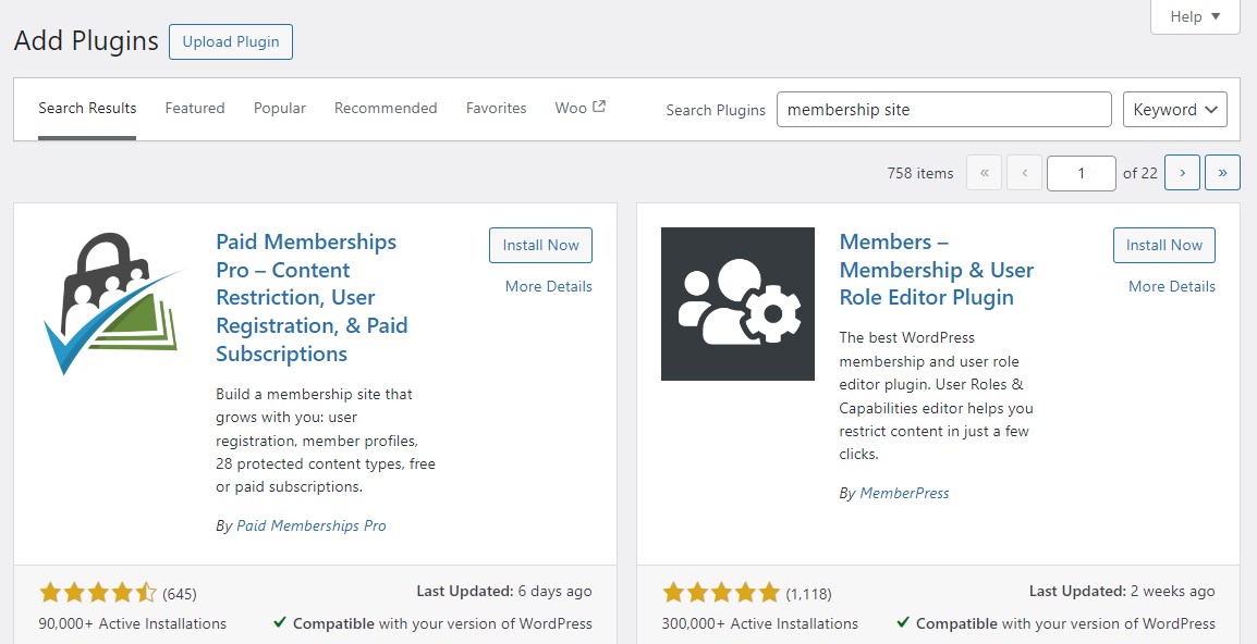 メンバーシップ プラグインを表示する WordPress Web サイト ダッシュボードの WordPress.org プラグイン リポジトリ フィード。