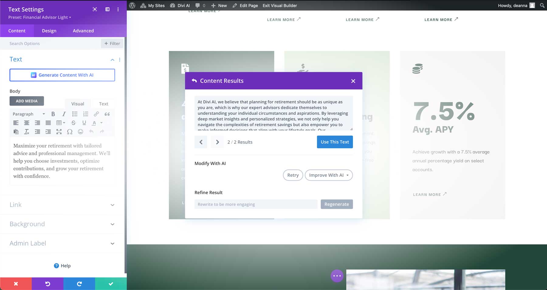 Schreiben Sie Texte mit Divi AI