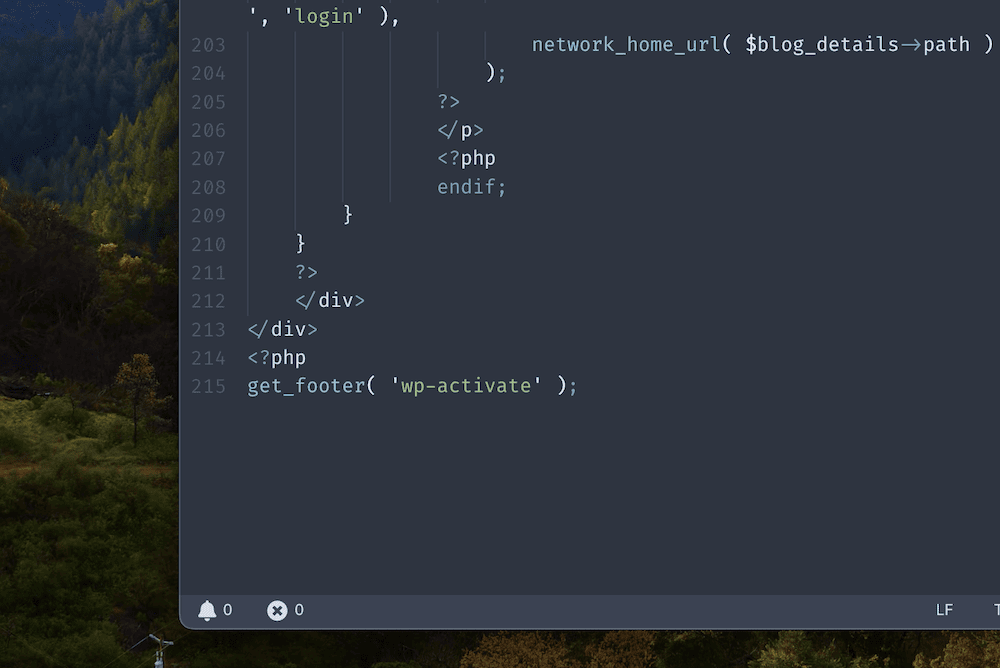 Um arquivo PHP dentro de um editor de código que não mostra nenhuma tag PHP de fechamento.