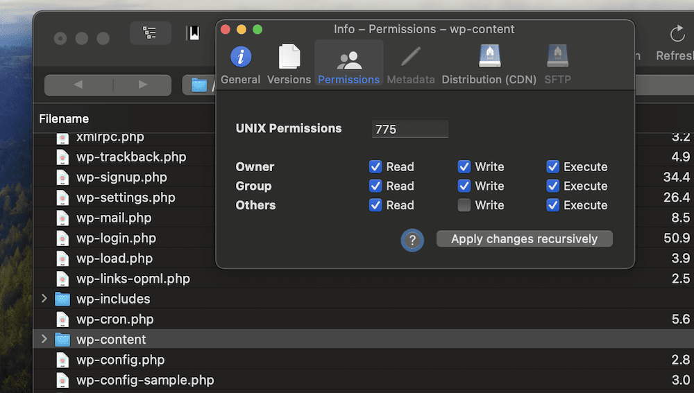 As permissões de arquivo para uma pasta principal do WordPress no aplicativo Cyberduck.