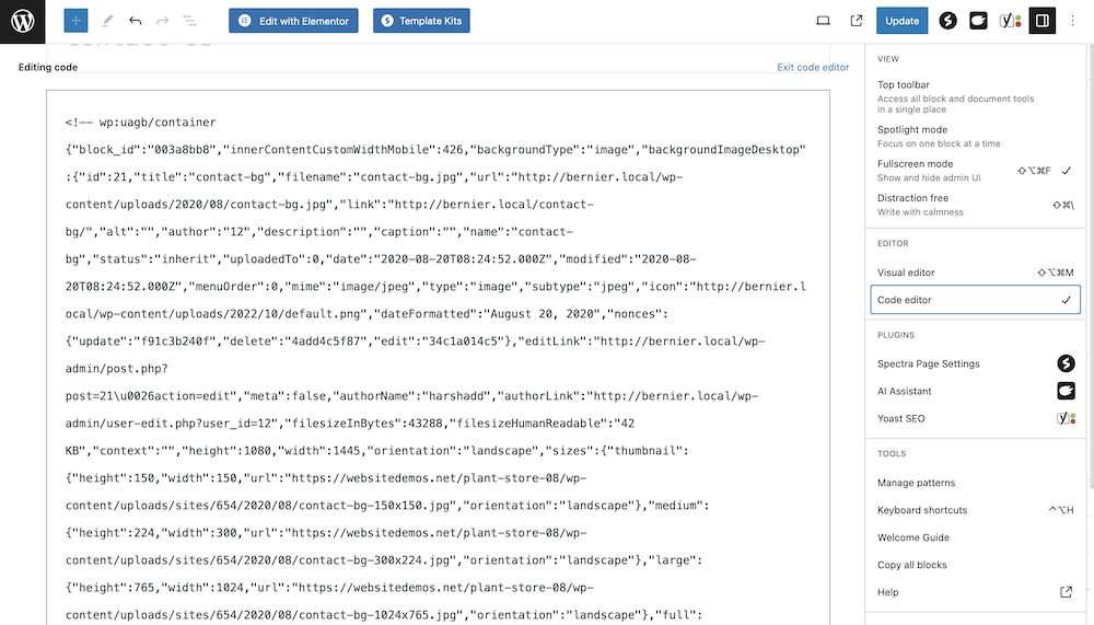 O Editor de Blocos do WordPress mostrando a guia do editor de código
