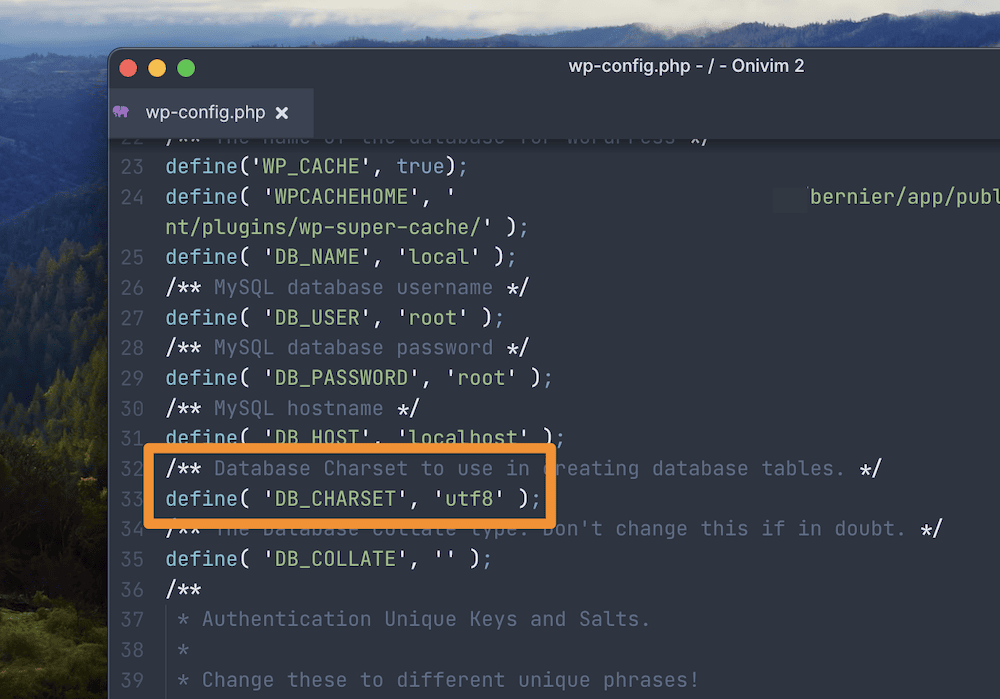 O wp-config.php com as configurações de codificação de caracteres destacadas.
