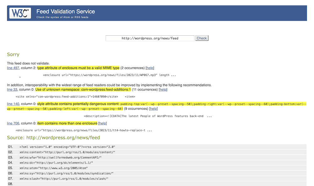 O validador de feed W3C mostrando erros para um feed RSS.