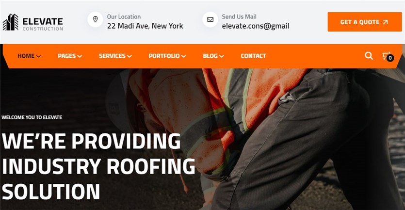 Captură de ecran a șablonului site-ului web WordPress Elevate construction.