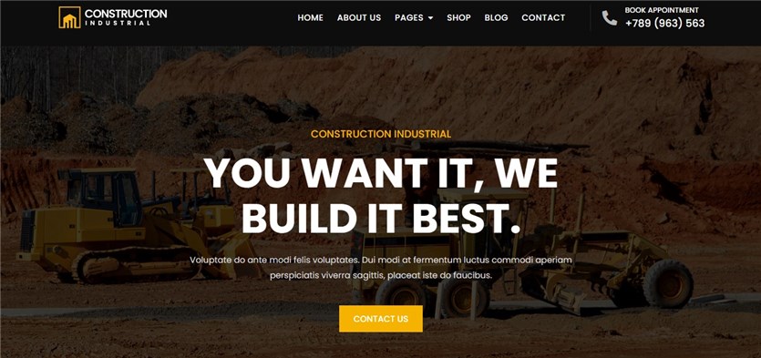 Captură de ecran a șablonului demonstrativ de teme WordPress pentru construcții gratuite Bosa Construction Industrial.