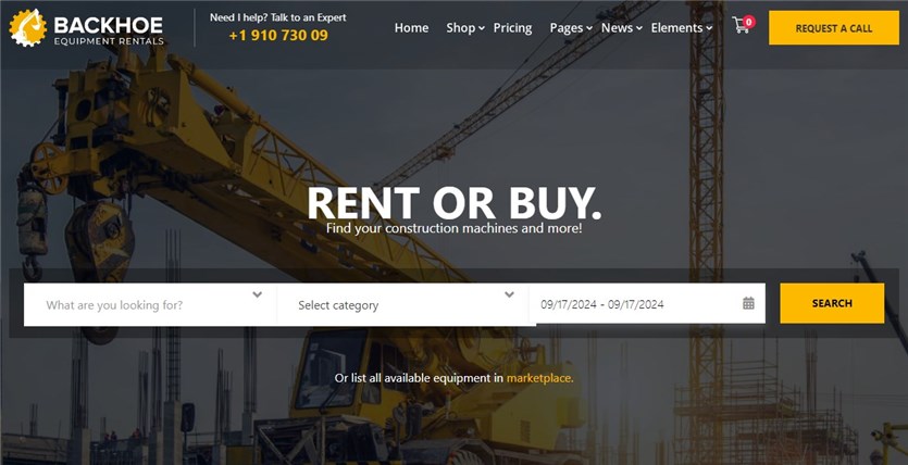 Captură de ecran a temei demo pentru închiriere de echipamente pentru buldoexcavatoare WordPress.