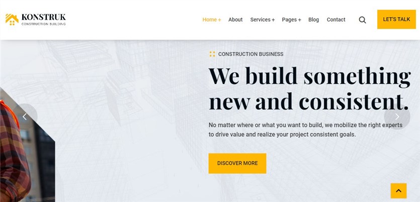 Captură de ecran a demonstrației temelor de construcție Konstruk pentru site-urile WordPress.