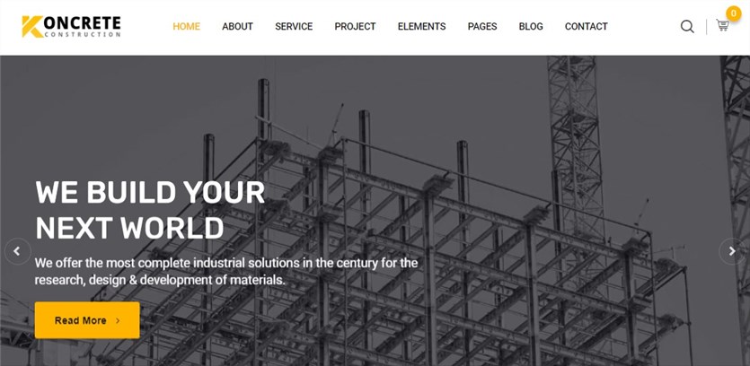 Captură de ecran a paginii demonstrative Koncrete pentru site-urile web de construcții.