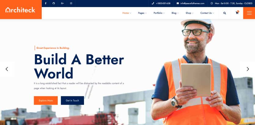 Captură de ecran a paginii de demonstrație a temei WordPress pentru companiile de construcții Architeck.