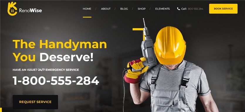 Captură de ecran a șablonului WordPress RenoWise pentru site-urile web ale companiilor de construcții.