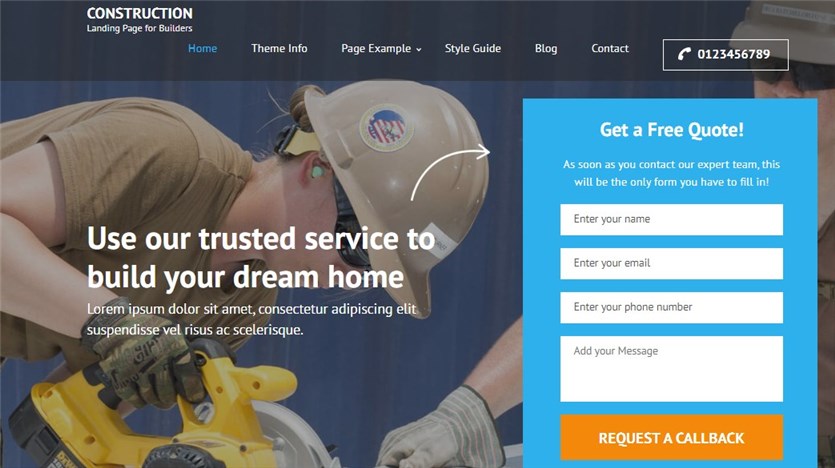 Captură de ecran a temei gratuite a paginii de destinație de construcție pentru WordPress.