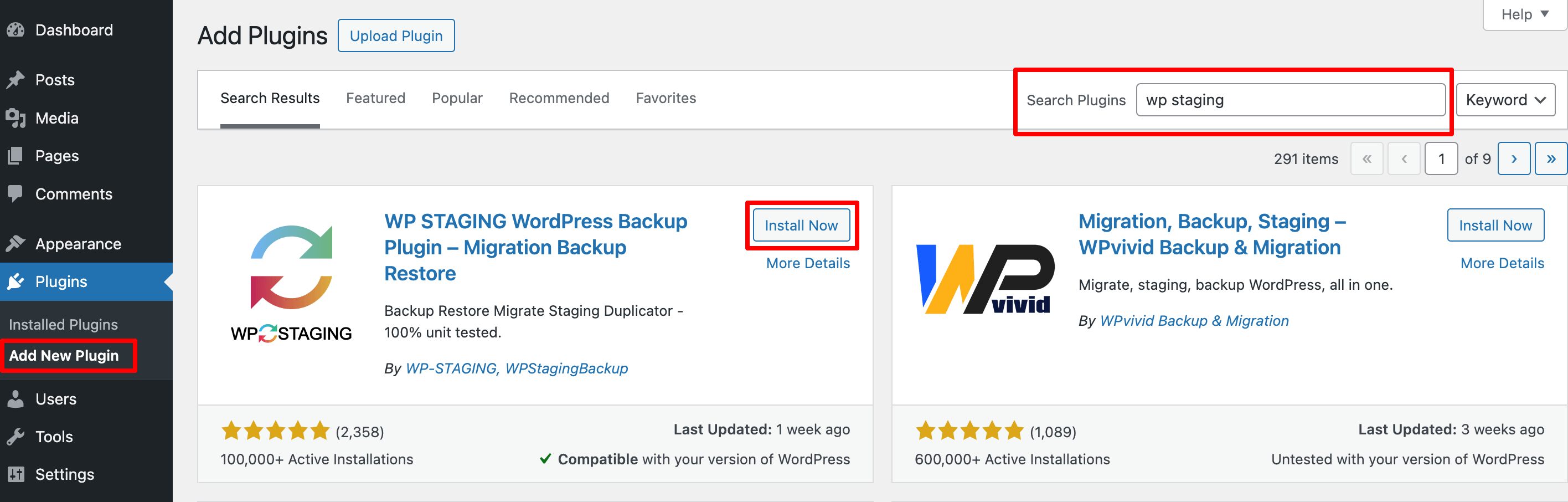 WordPress 대시보드에서 WP Staging 플러그인을 설치하는 방법