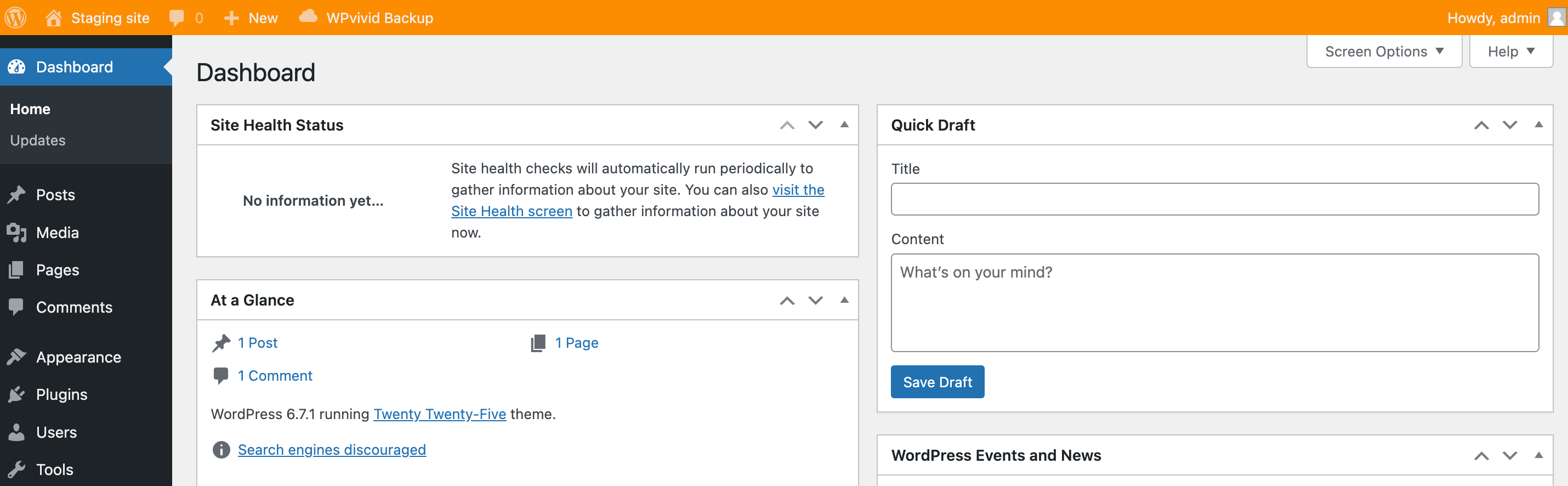 WordPress 대시보드의 주황색 막대