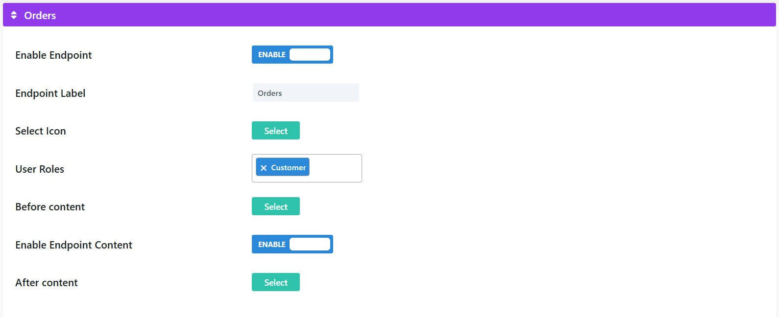 Divi MyAccount 페이지 엔드포인트 옵션
