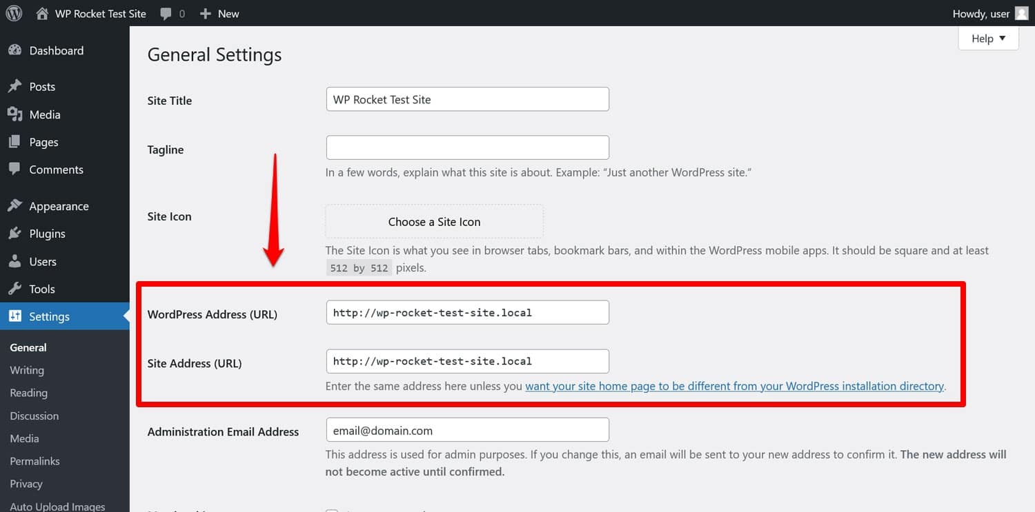 อัปเดตโดเมนไซต์ในการตั้งค่า WordPress