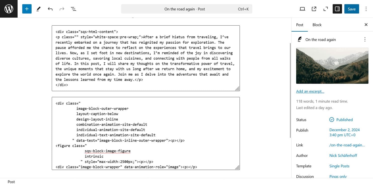 รหัส Squarespace ในตัวแก้ไข WordPress