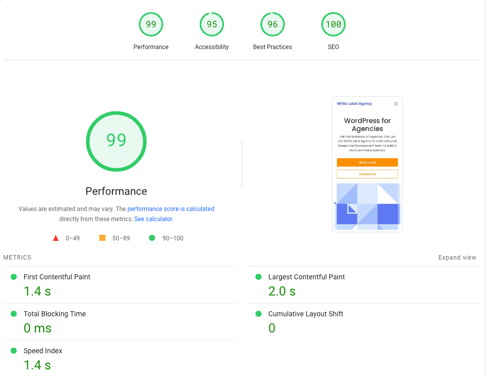 White Label ajansı web sitesi PageSpeed performans puanı