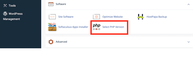 Software-Untermenü zum Aktualisieren der aktuellen PHP-Version – Quelle: cPanel