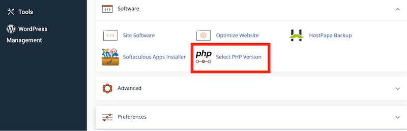 Software-Untermenü zum Überprüfen der aktuellen PHP-Version – Quelle: cPanel