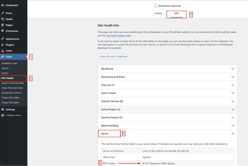 Überprüfen der PHP-Version vom WordPress-Administrator – Quelle: Mein WordPress-Administrator