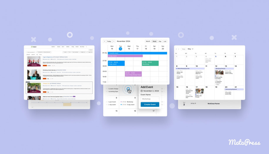 Un colaj care arată exemple de pluginuri de calendar WordPress.