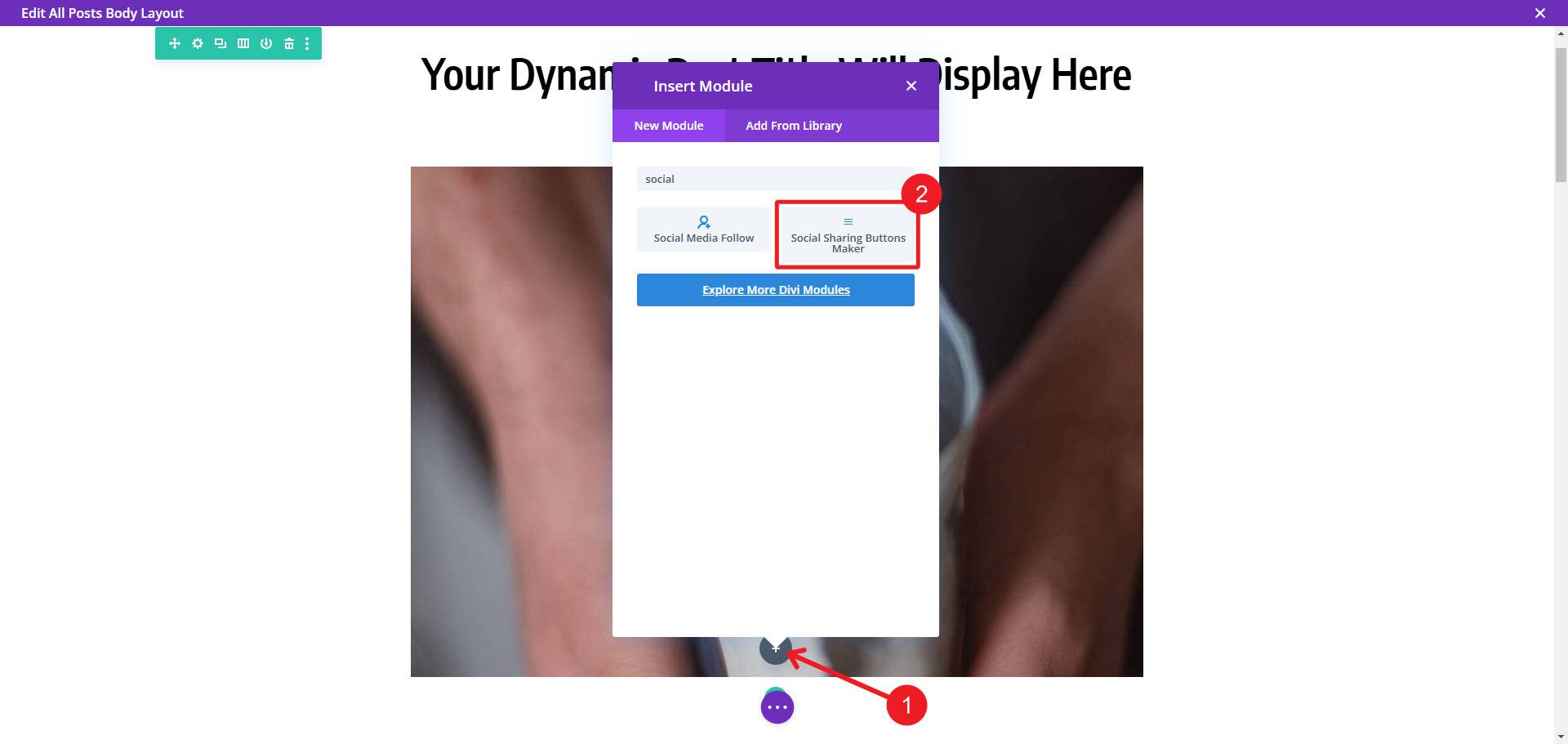 Schritt 2 – Divi Social Sharing-Erweiterung – Fügen Sie Social Share-Schaltflächen zur Blog-Vorlage hinzu