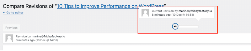 拖动滑块查看之前的版本 - 来源:我的 WordPress 修订界面