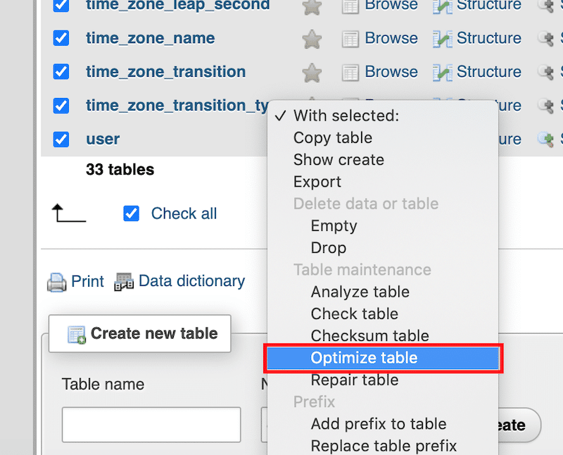 手动优化数据库的修订表 - 来源:phpMyAdmin