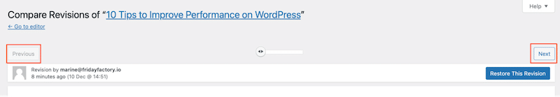 使用“上一个”或“下一个”检查先前版本 - 来源:我的 WordPress 修订界面
