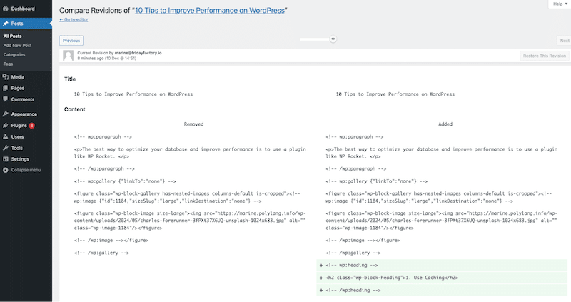 修订界面 - 来源:我的 WordPress 修订界面