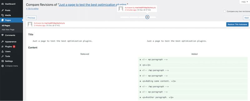 WordPress 管理员的修订界面示例 - 来源:我的 WordPress 管理员