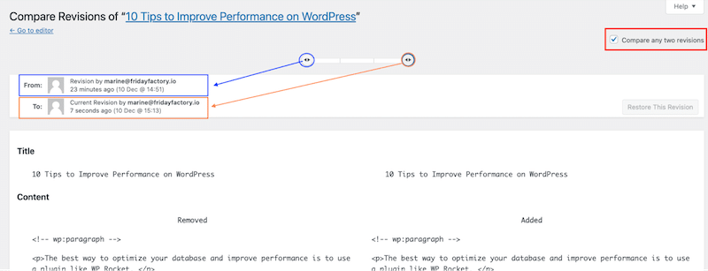 比较两个修订版本 - 来源:我的 WordPress 修订界面