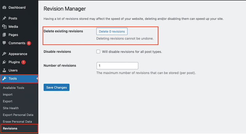 使用 Companion Revision Manager 删除 WordPress 修订 - 来源:Companion Revision Manager 插件