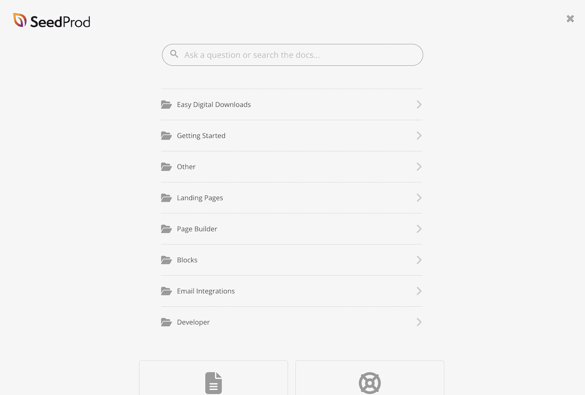 SeedProd WordPress 대시보드 내의 도움말 인터페이스.