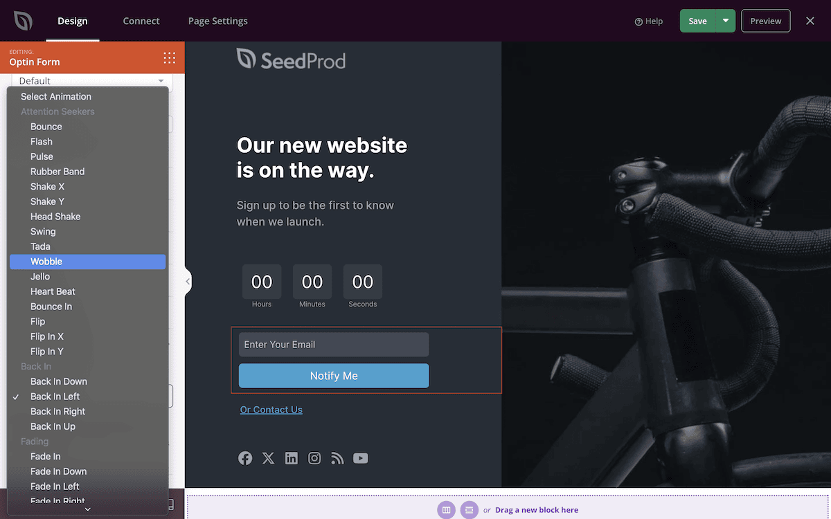 SeedProd 내의 입구 애니메이션 드롭다운 메뉴.