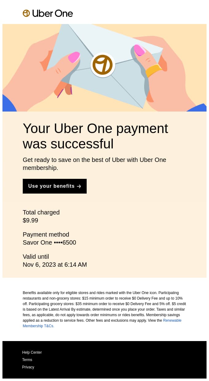 Un exemple de belle conception d'e-mail transactionnel par Uber (image de Really Good Emails)