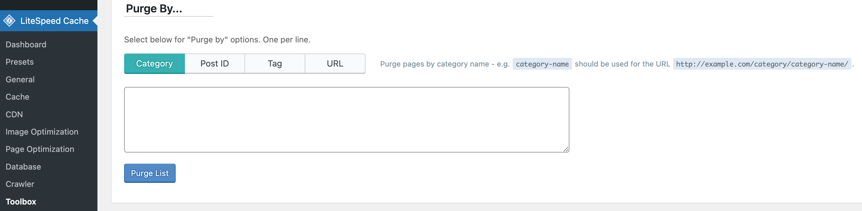 Esta imagen muestra cómo borrar el caché de una página o URL específica usando el complemento LiteSpeed