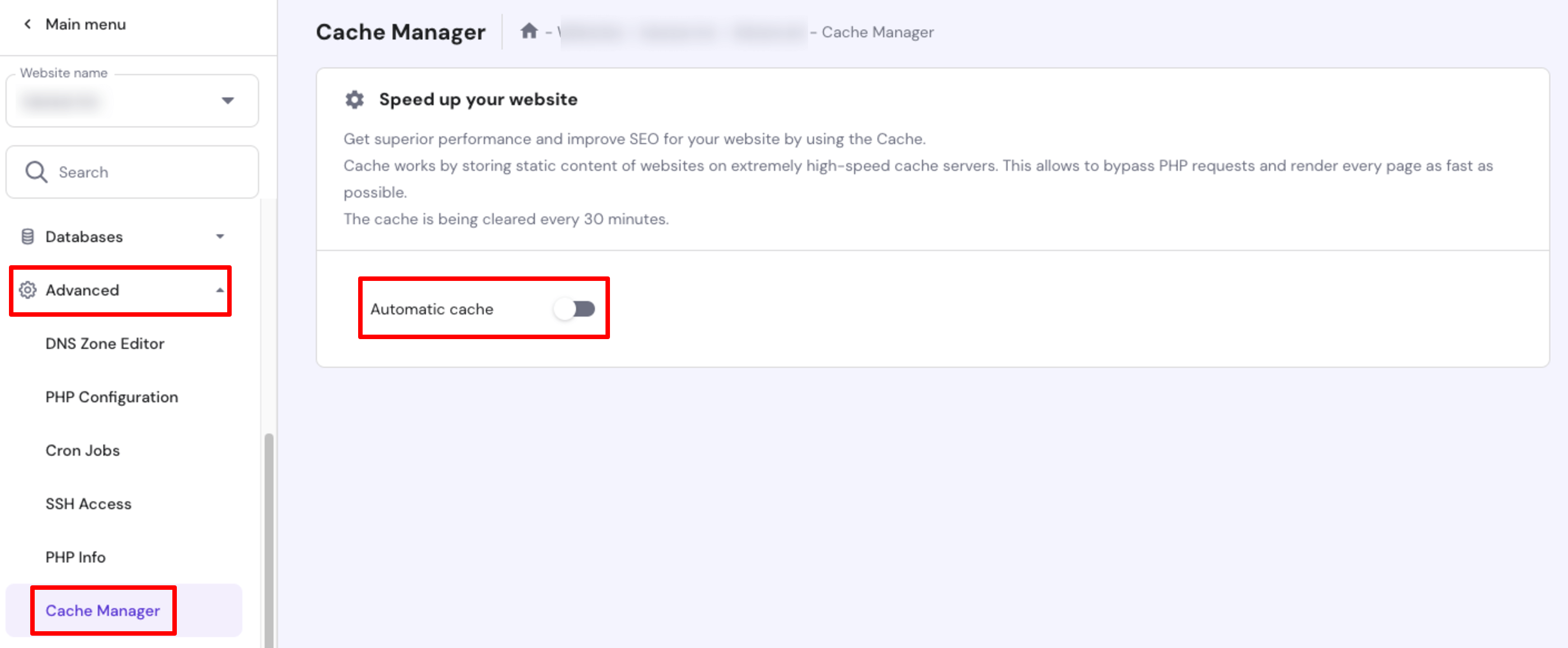 Esta imagen muestra cómo borrar el caché de WordPress de la cuenta de Hostinger